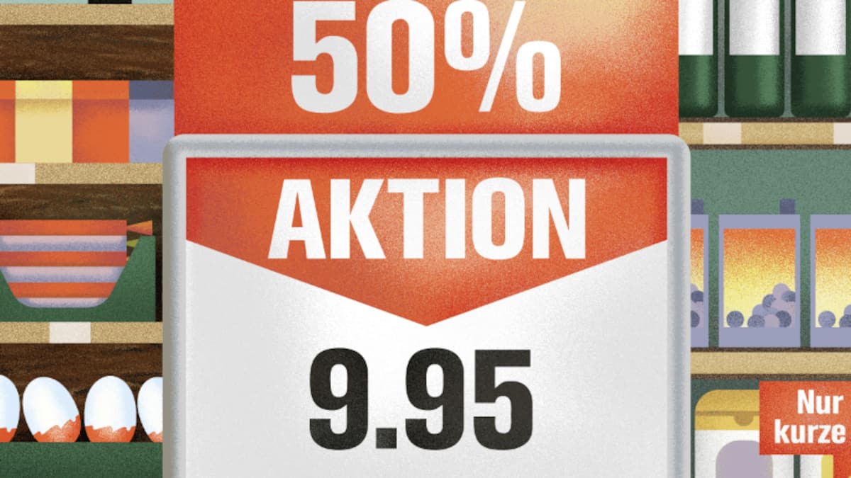 Illustration mit Aktionsschild in Laden. Aktionen verleiten zu Impulskäufen. Um vorzubeugen, geht man am besten mit Einkaufsliste in den Laden.