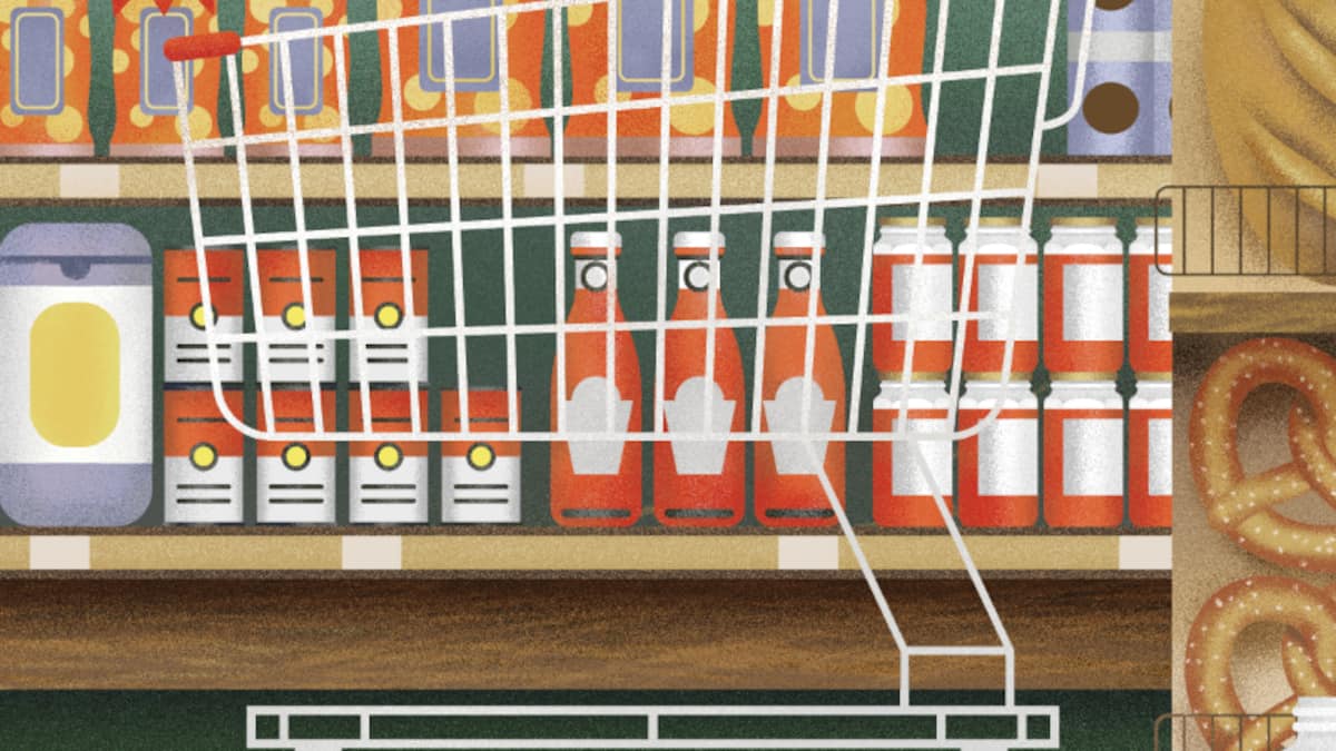 Illustration grosser Einkaufswagen. Grosse Einkaufswagen verführen dazu, mehr einzukaufen. Nehmen Sie ein Körbli.