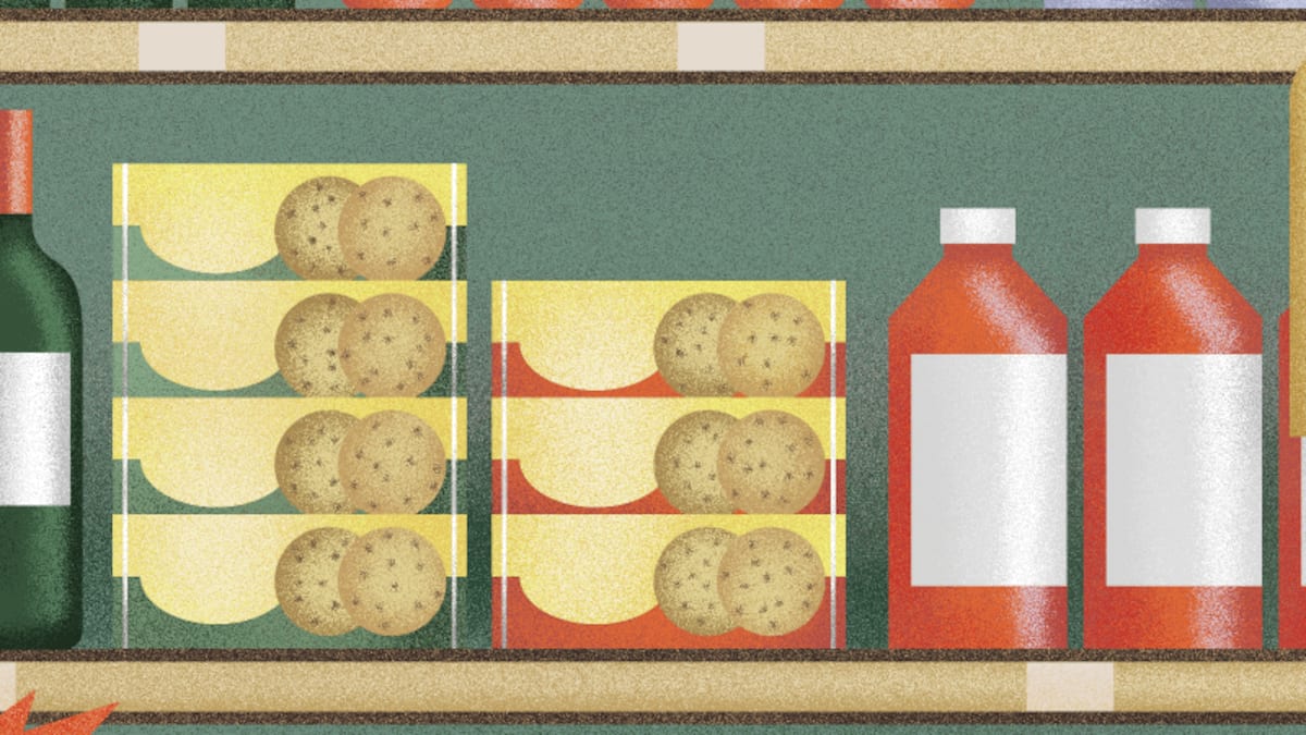 Illustration Regal im Laden. Regale im Supermarkt werden strategisch bepackt. Markenartikel sind meist auf Augenhöhe platziert, Teureres ist weiter oben. Wer günstige Produkte will, muss sich bücken. Senken Sie also auch mal den Blick.