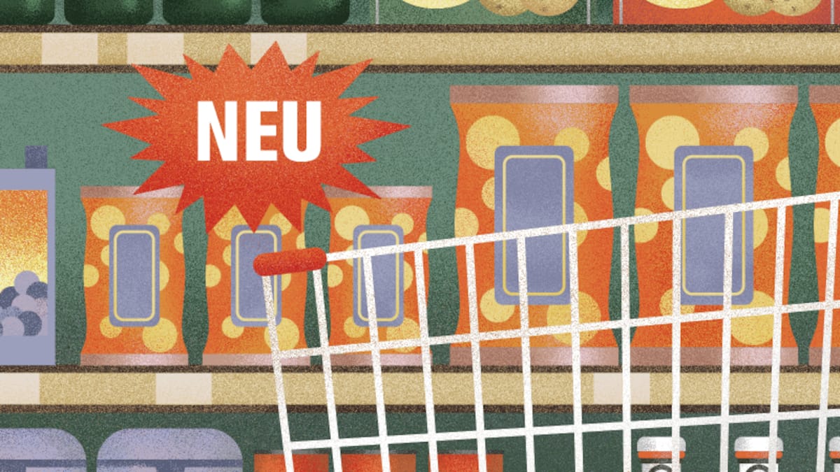 Illustration von Tüten, die zum gleichen Preis kleiner werden. Shrinkflation bezeichnet Produkte, die bei gleich bleibendem Preis kleiner werden. Besonders aufpassen sollte man, wenn ein Produkt in neuem Design daherkommt.