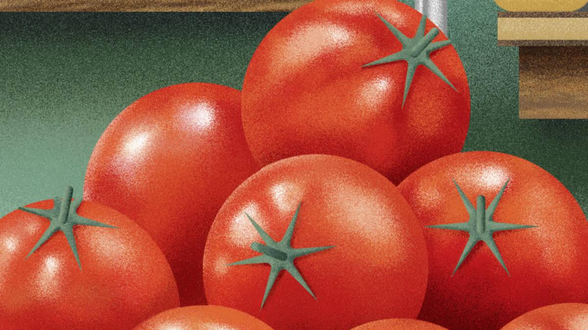 Illustration Tomaten in einem Laden. Bundes Obst- und Gemüseangebot am Eingang betört.