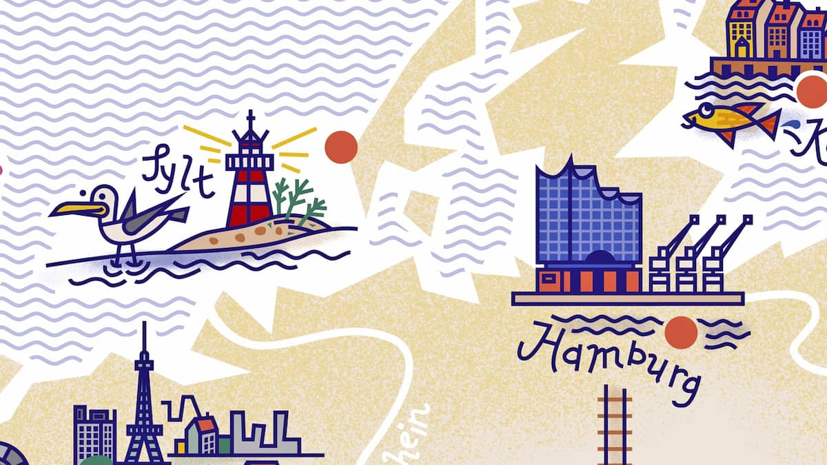 Illustration Zugreisen in Europa Sylt und Hamburg