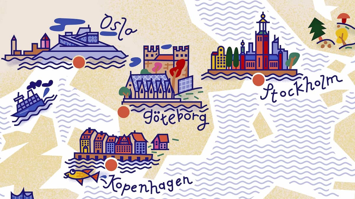 Illustration Zugreisen in Europa Oslo, Göteborg, Kopenhagen, Stockholm