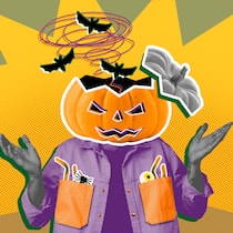 Diese Halloween-Streiche bringen Sie in Teufels Küche Ein Mann mit Kürbiskopf, aus dem Fledermäuse fliegen, mit fragendem Gestus. Was an Halloween als Fettnäpfchen gilt.