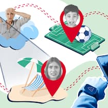 Kinder auf Schritt und Tritt kontrollieren? Mutter und Vater mit Fernglas und zwei erschreckte Kinder am Strand und Fussballplatz. Was bedeuten Smartwatches für Kinder im Familienalltag?