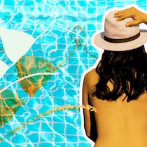 Barbusig in der Badi Eine Frau mit Sonnenhut von hinten vor Wasser und einem weissen Bikini. Ist es in der Schweiz rechtlich erlaubt, oben ohne zu baden als Frau?