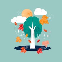 Das hilft gegen den Herbstblues Ein Baum mit Laub rundherum, einer Sonne und zwei Wolken vor grünem Hintergrund - Fünf Gründe, warum die Natur gegen das Herbsttief hilft.