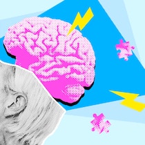 Warum vor allem Frauen an Alzheimer erkranken Der Kopf einer Frau, darüber ein Gehirn sowie Blitze und Puzzleteile. Alzheimer betrifft vor allem Frauen.