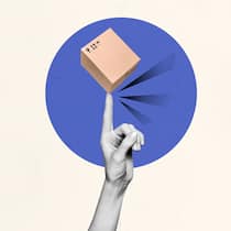 Verwirrende Retourenregel bei Onlineshops der Migros Illustration zeigt eine Hand mit ausgestrecktem Zeigefinger, der ein Paket balanciert.