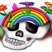 Optimismus lernen – ohne es zu übertreiben Ein Schädel mit einem Regenbogen und Blumen. Wie man optimistischer wird.
