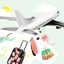 Koffer weg – was nun? Ein Flugzeug vor hellgrünem Hintergrund, aus dem Koffer, Palmen und eine Hose fallen. Wenn Reisegepäck verloren geht oder beschädigt wird, haben Sie Anspruch auf Entschädigung.