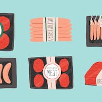 «Fleischersatz kann negative Auswirkungen haben» Illustrationen diverser vegetarischer Produkte, die auf Fleischersatz aufbauen. Sind solche Lebensmittel wirklich gesund? Ernährungswissenschaftler David Fäh äussert sich im Interview mit dem Beobachter kritisch.