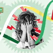 Wenn ein Trauma Generationen überdauert Eine Frau verbirgt ihr Gesicht mit den Händen, umgeben von einem Genstrang. Traumata lassen sich über Generationen vererben.