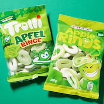 Apfelringe in der Schweiz 71 Prozent teurer – Importeur schweigt Ein Pack Apfelringe von Trolli und eins von Sweetland