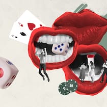 Tiktoker verlosen möglicherweise illegalen Jackpot Bildmontage mit roten Lippen, Würfeln und jubelnden Menschen. Auf der Plattform TikTok bringen Influencer andere Nutzer dazu, für vermeintlich grosse Jackpots immer wieder Geld zu investieren. Dabei könnte es sich um illegale Glücksspiele handeln.