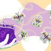 Mehr Rente für Frauen – so klappt es Ein Portemonnaie mit weiblichem Zeichen, aus dem Geldscheine in Schmetterlingsform fliegen. Wie Frauen zu einer besseren Rente kommen