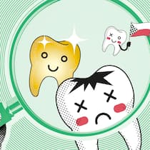 Antworten auf bohrende Fragen Zwei weisse und ein goldener Zahn hinter einer Lupe. Antworten auf bohrende Fragen.