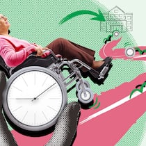 Wann ist es Zeit fürs Altersheim? Eine alte Frau in einem Rollstuhl mit Uhr wird von einer übergrossen Hand geschoben. Wann die Zeit reif ist fürs Altersheim.