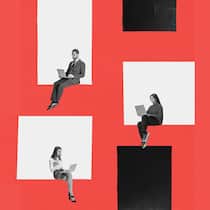 Firmen setzen vermehrt auf «Freie» Frauen und Männer sitzen am Laptop arbeitend in einem Coworking Space. Bildcollage, sehr grafisch gestaltet