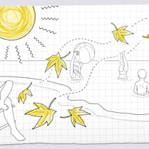Ist Italien zu heiss für Sommerferien? Illustration: Eine Strandszene mit einer grossen Sonne und fallenden Herbstblättern