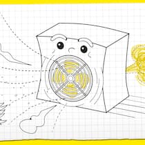 Wie funktioniert eine Wärmepumpe? Illustration mit einer Wärmepumpe mit zwei Augen, vorne kommt kalte Luft raus, hinten warme