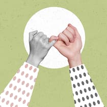 Was tun, wenn Sie eine Gewalttat beobachten? Illustration und Collage von zwei Händen, die sich am kleinen Finger halten. Wer mitbekommt, wie ein anderer Mensch auf offener Strasse angegriffen wird, soll Hilfe holen – und sich nicht selber in Gefahr bringen. Die wichtigsten Fragen und Antworten dazu.