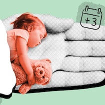 Meine Tochter hat Fieber – muss ich zur Arbeit? Ein kleines Kind schläft mit einem Stofftier auf einer grossen ausgebreiteten Handfläche neben einem Fieberthermometer und einem Kalendereintrag, auf dem «+3» geschrieben steht - Diese Rechte haben berufstätige Eltern in der Schweiz, wenn sie aufgrund von Familienpflichten nicht arbeiten können.