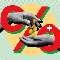 Was tun, wenn ich die Steuern nicht zahlen kann? Zwei Hände ragen durch ein Prozent-Zeichen, wobei die eine Hand sinnbildlich für den Fiskus steht und die andere für den Steuerzahler. Diese Möglichkeiten haben steuerpflichtige Personen in der Schweiz, wenn sie zu wenig Geld haben, um die Steuern zu zahlen.