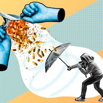 Diese Neuerungen sollen bei Prämienschulden helfen Ein Mann mit Regenschirm und zwei grosse Hände über ihm, die Pillen auf ihn herabfallen lassen aus einem Portemonnaie. Neue Regeln bei Krankenkassenschulden.