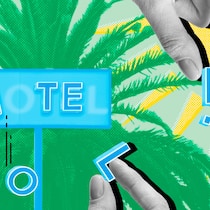 Bettwanzen im Hotel, eiskalter Pool – das können Sie tun Hotel-Schild vor Palmen und einer Sonne, von dem Finger einzelne Buchstaben entfernen. Was gilt bei Hotelmängeln?