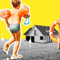 Sekundäres Ertrinken – so erkennen Sie die Symptome Ein Kind mit Schwimmflügeln neben einem Haus und einem Rettungsring. Wenn Kinder ausserhalb des Wassers ertrinken.