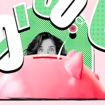 Eine Million für den Ruhestand – so schaffen Sie das Ein übergrosses Sparschwein, hinter dem eine Frau hervorschaut. Darüber Zahlen und Münzen vor rosa Hintergrund. Wie man persönliche Finanzen in den Griff bekommt.