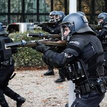 Verfahren gegen Basler Behörden soll eingestellt werden Polizisten rennen mit erhobenen Gummischrot-Gewehren im Anschlag und in schwarzer Vollmontur mit Helm durch einen Park.