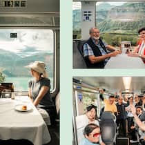 Sanfter Tourismus? Ich bin dabei! Collage aus drei Bildern: ein junges chinesisches Paar im SBB-Zug, ein älteres Schweizer Paar im SBB-Zug, eine lachende Touristengruppe in einem Zugswagen posiert fürs Foto
