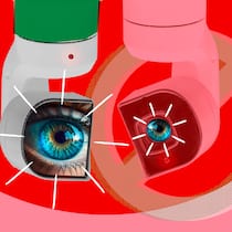 Nicht jede Überwachung ist erlaubt Zwei Augen in zwei Kameragehäusen, die eine ist halbtransparent. Wann Videoaufnahmen erlaubt sind und wann nicht.