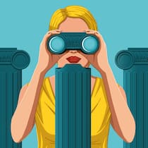 «Die Frauen bleiben ein unbekannter Faktor» Illustration: Frau guckt durch Fernglas - Zu kompliziert, zu wenig konsistent: Warum herrscht rund um die Rentenreform «Endgame»-Stimmung? Politikexpertin Cloé Jans im Beobachter-Interview