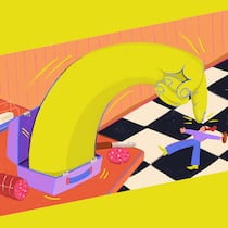 Die Znünibox des Grauens Illustration gelber Arm springt aus Znünibox und zeigt auf eine Frau. Für Pizza stellen die Momfluencerinnen den Mozzarella selbst her und mahlen das Mehl frisch.