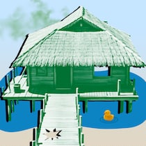 Die Ferienwohnung ist ein Alptraum – was jetzt? Ein grüner Ferienbungalow mit Steg auf blauem Hintergrund mit grünem Dampf darüber. Was tun, wenn die Ferienwohnung schlecht ist.