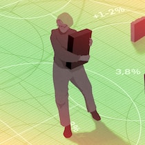 Her mit dem Geld! Oder doch nicht? Eine Frau trägt einen Koffer, neben ihr sind zwei weitere Koffer vor grün-gelbem Hintergrund mit Kreisen und Prozentzahlen. Was beim Kapitalbezug aus der Pensionskasse zu beachten ist.