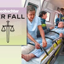 Plötzlich in der Psychiatrie Illustration Beobachter Podcast Der Fall: Mann mit gegipstem Bein wird in eine Ambulanz geladen.