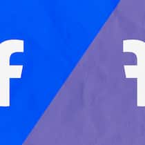 Gauner fälschen Facebook-Seiten Zwei gespiegelte weisse Facebook-Logos auf blauem und violettem Grund.