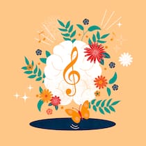 Diese Therapie klingt gut Ein Notenschlüssel auf einem Gehirn, umgeben von Blumen und einem Schmetterling, vor gelbem Hintergrund. Wie Musik positiv auf den Körper wirkt.
