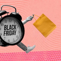 Mit diesen Tricks werden wir verführt Black Friday sale advertisement with funny vintage alarm clock character holding a shopping bag and running, vintage style collage