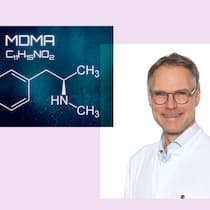 «Strenger reglementiert als Morphium» Collage mit Portrait von Prof. Dr. Matthias Emanuel Liechti,ForschungsgruppenleiterProfessor Universität Basel und mit Stockbild einer chemischen Formel von MDMA auf futuristischem Hintergrund