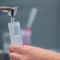 Labor Veritas wehrt sich gegen Evodrop-Werbung Nahaufnahme der Hand einer Biologin, die Leitungswasser in einem Reagenzglas auffängt, um eine Wasserprobe im Labor zu untersuchen.