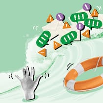 Mit diesen Tipps schützen Sie sich vor Online-Betrügern Eine Hand, die aus einer Welle ragt und auf deren Gischt lauter Ausrufezeichen tanzen, greift nach einem Rettungsring. Viele Menschen kommen mit der Flut an Informationen via Mail oder SMS nicht zurecht. Das machen sich Betrüger zunutze, denn sie verschicken massenhaft gefälschte Nachrichten. Wie erkennt man den Betrug und was kann man tun, wenn man darauf reingefallen ist?