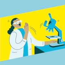 Warum Elon Musk nie gähnt Illustration: Gähnende Forscherin, gähnendes Mikroskop
