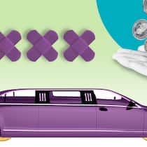 «Weil die Krankenkasse zahlt, wurde die Fahrt doppelt so teuer» Illu mit Limousine und Seniorin - Eine 96-jährige Frau muss für eine Untersuchung vom Altersheim ins Spital fahren. Das Spezialtaxi verlangt einen horrenden Preis. Erst als der Beobachter interveniert, krebst die Firma zurück