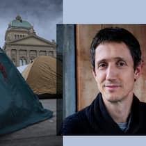 «Was der Bund vorschlägt, taugt nicht» Collage aus Portrait von Georg Klingler, Greenpeace-Klimaexperte, und Keystone-Archivbild: Zelte der Klimaaktivisten stehen auf dem Bundesplatz, waehrend der Aktionswoche Rise up for Change auf dem Bundesplatz, am Dienstag, 22. September 2020, in Bern. Die Klimabewegung kuendigt weitere Aktionen gegen die institutionelle Politik, Wirtschaftselite und den Finanzplatz waehrend der Woche an. (KEYSTONE/Peter Klaunzer)
