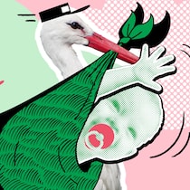 Mit privater Samenspende zum Wunschkind? Ein Storch mit Kurierhut trägt einen Sack, aus dem ein Baby mit pinkem Schnuller guckt, vor rosa und grünem Hintergrund. Welche gesetzlichen Hürden bestehen, wenn man alternative Wege sucht, um ein Kind zu bekommen.